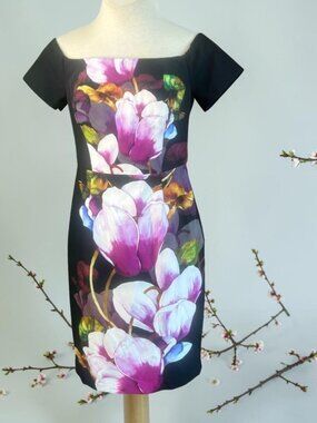 Trina Turk Bold Black Purple Floral Off Shoulder Dress Size 8